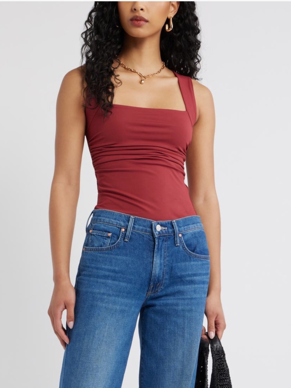 Open Edit Ruched Square Neck Sleeveless Shirt Size Medium Burgundy MWOT